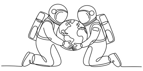 A single continuous line drawing of two astronauts kneeling together holding the planet earth. Vector, illustration © Kanu Art_Gallery