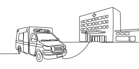 A simple one line drawing of an ambulance parked in front of a modern hospital building entrance Vector, illustration © Kanu Art_Gallery