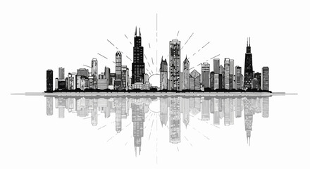 Fototapeta premium Stylized city skyline with a reflected image and radiating lines