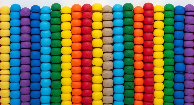 A colorful array of cylindrical objects arranged in rows