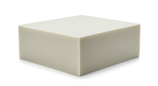 Memory foam cube in light gray beige color dense soft texture rectangular block isolated on white background
