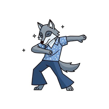 A cartoon wolf in retro clothing dabbing against a white background, sporting a shirt with star patterns