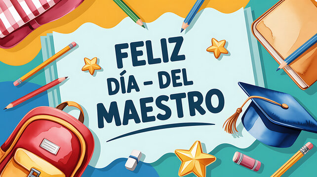 Happy teachers day poster with school supplies and graduation cap on colorful background