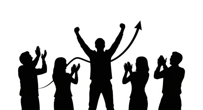 Victorious person silhouette with arms raised celebrating.