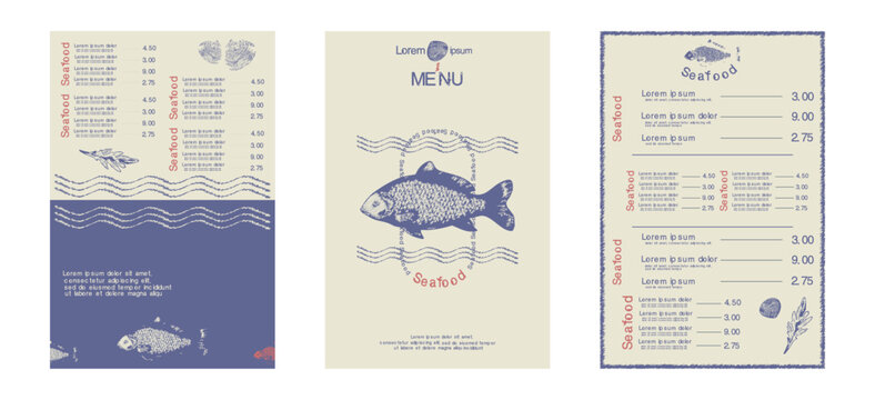 Seafood restaurant menu template with fish illustration, nautical wave patterns, and minimalist layout. Vector ocean sea fish restaurant card background front and back sheet design