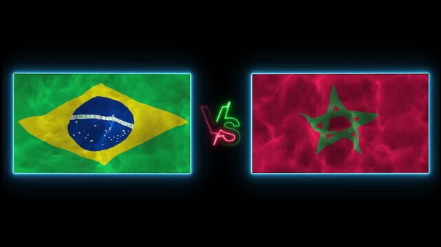 4K Brazil vs Morocco Flags Waving animation on black background. 