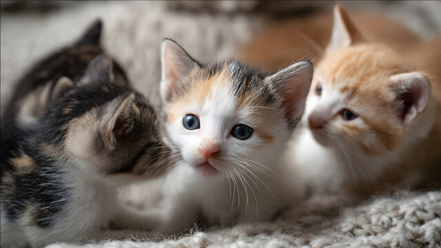 Three adorable kittens, two with orange and white fur and one with a calico pattern, cuddle on a soft, beige carpet.