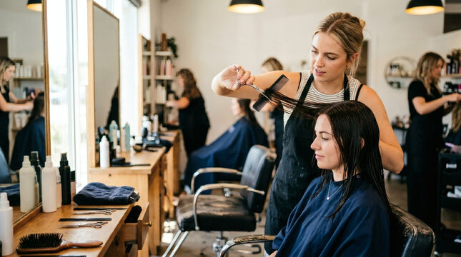 Photograph of a busy, well-lit salon with two stylists working on clients; one blonde woman braiding hair, the other black-haired woman seated.