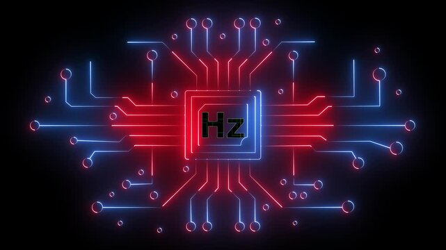 Hertz Frequency Hz Microchip Icon: Glowing Neon Circuit Board Animation for Audio Engineering and Signal Processing Concepts