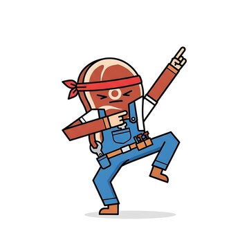 A cartoon-style illustration of a meat character dabbing in mechanic overalls and a red bandana. The character has tools