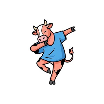 A cartoon-style illustration of a pink and black spotted bovine character wearing a blue shirt and doing the dab dance move