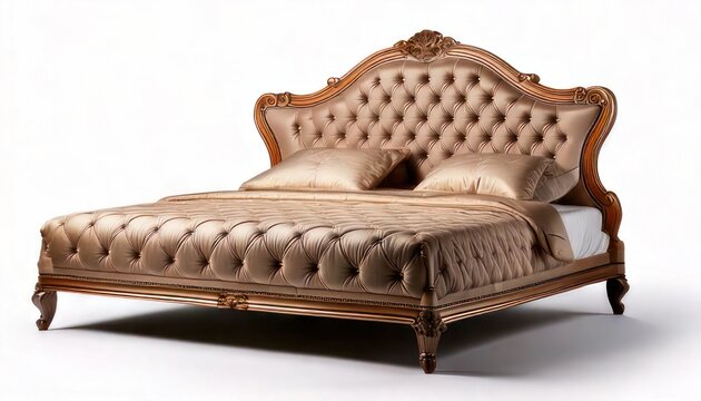 Elegant Tufted Bed with Ornate Wooden Frame and Luxurious Bedding.