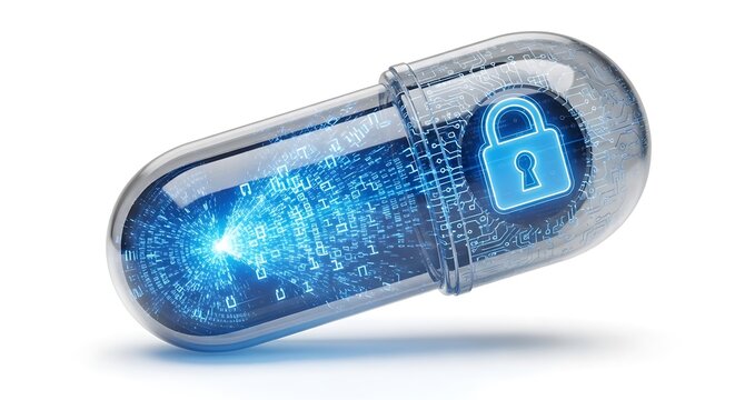 A transparent blue capsule with a metallic lock on a white background, containing binary code and glowing light