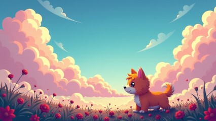 Obraz premium A cute dog standing among bright colorful flowers, perfect for illustrations or designs