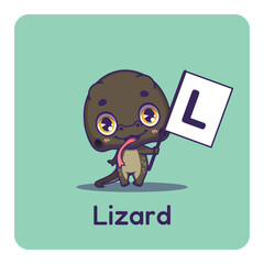Fototapeta premium Cute lizard holding flag with letter L for fun educational purposes, illustrations