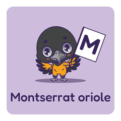 Obraz premium Cute Montserrat oriole holding flag with letter M for fun educational purposes, illustrations
