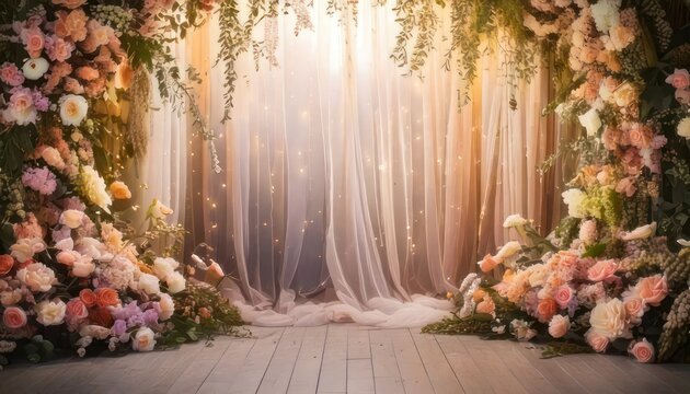 Elegant Wedding Backdrop with Floral Arch and Soft Lighting.