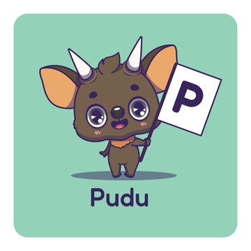 Cute pudu holding flag with letter P for fun educational purposes, illustrations