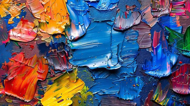 Vibrant closeup of abstract textured art featuring blue and orange complementary colors on canvas
