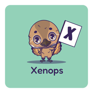 Cute xenops holding flag with letter X for fun educational purposes, illustrations