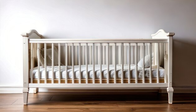 Elegant white baby crib in a bright nursery setting.