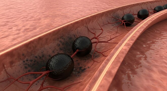 Medical illustration of cancer cells traveling through a blood vessel, depicting metastasis and disease progression.