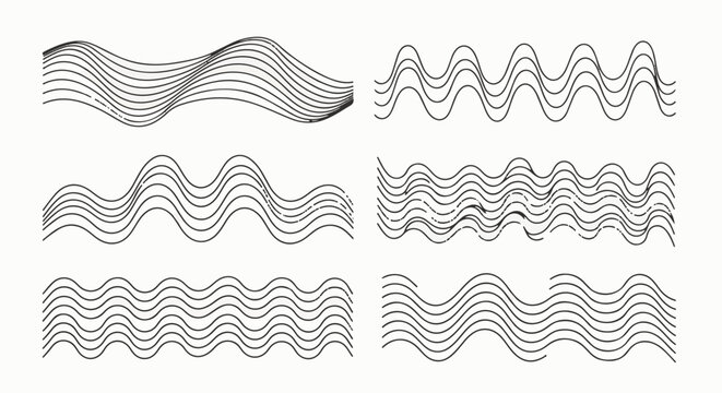 Collection of six abstract wavy line art illustrations in black