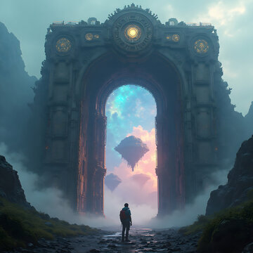Giant glowing mechanical gateway with AI symbols opening to a cosmic landscape - Technology and discovery concept.