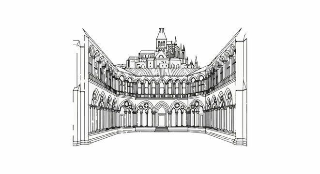 Detailed architectural sketch of a grand cloister with a cathedral in the background