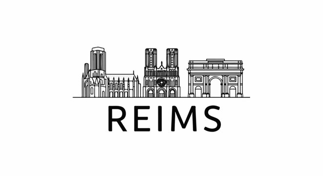 Black and white line art skyline of famous buildings and arch with text