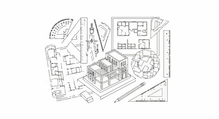 Obraz premium Architectural drafting tools and a building model with blueprints on white