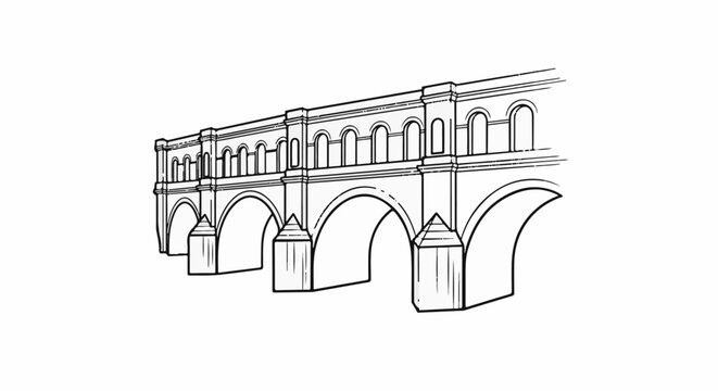 Architectural drawing of a Roman-style aqueduct with multiple arches and arcades