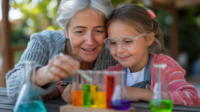 Grandmother teaching granddaughter basic chemistry with colorful pH indicators in rural kitchen under midday sun, natural household experiments arranged on wooden table, perfect fo