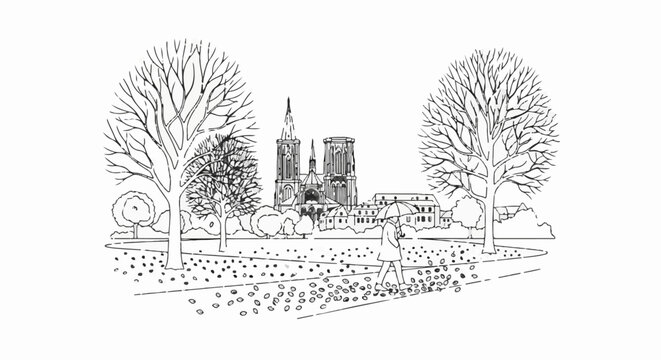 Autumn walk toward cathedral with bare trees and falling leaves