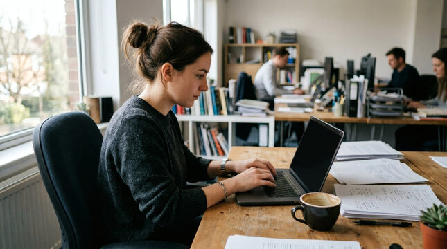 A woman with brown hair tied in a bun works on a laptop at a wooden desk in a modern office.