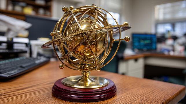 Brass mechanical orrery showing Earth-Moon orbital paths with calculated trajectories etched on mahogany base in cluttered university physics department office, ideal for celestial