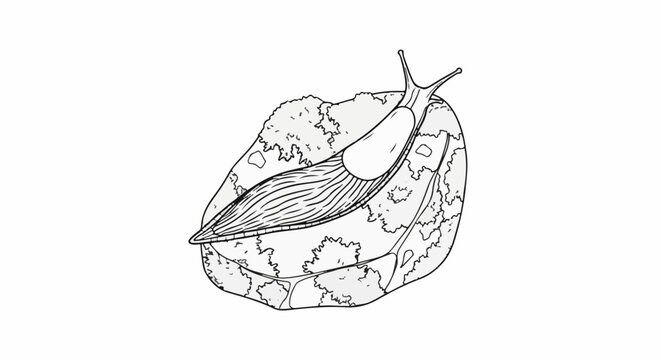 Detailed line art of a slug crawling on a textured, irregularly shaped object