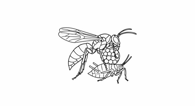 Detailed line art of a wasp carrying a cluster of eggs and a smaller insect