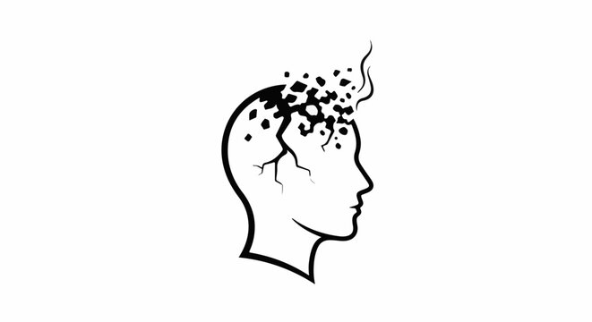 Cracked head silhouette with fragments exploding upwards, symbolizing broken thoughts