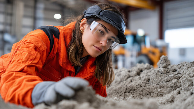 Young woman astronaut candidate practicing lunar surface geology sample collection in simulated regolith training pit at industrial facility, perfect for space career preparation,