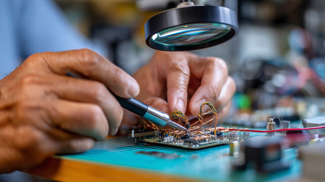 Intricate copper wiring harness for satellite navigation system being assembled by steady hands under magnifying glass at cluttered electronics workbench, perfect for precision cra
