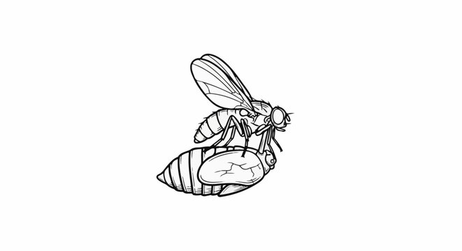 Detailed line drawing of a fly emerging from its pupa