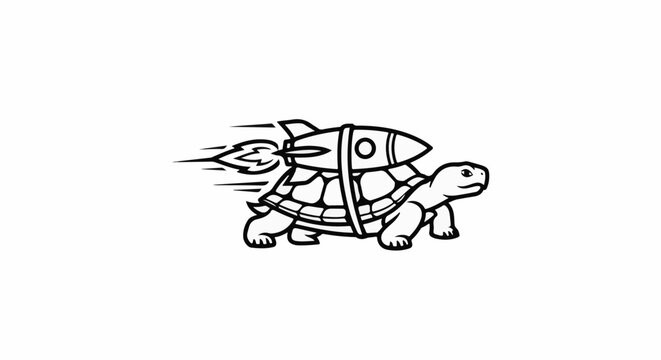 Cartoon turtle with a rocket on its shell moving fast