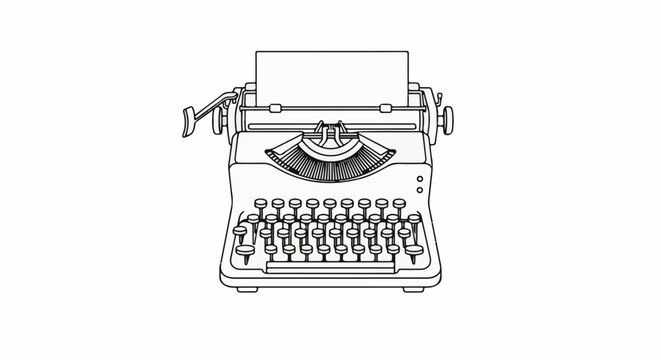 Detailed line drawing of a vintage typewriter with paper in carriage