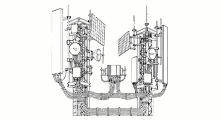 Obraz premium Detailed schematic of telecommunications tower equipment with solar panels