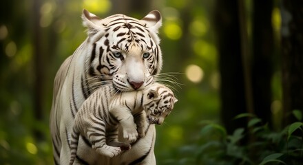 Obraz premium A white tiger gently carries her cub through a lush forest with green foliage.