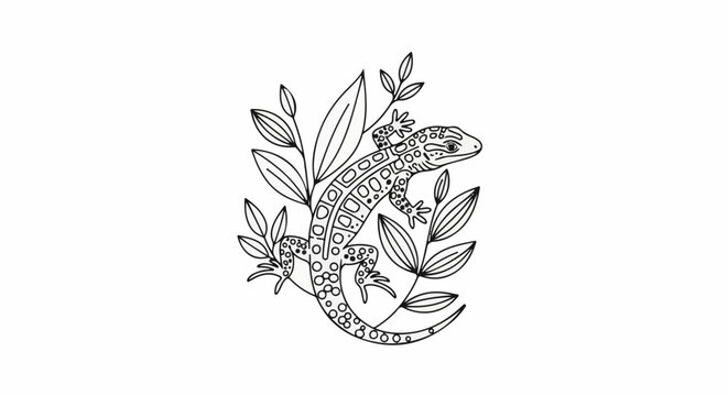 Black and white illustration of a gecko amidst leaves and branches