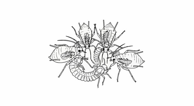 Detailed scientific illustration of aphids and a ladybug larva in close proximity