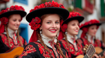 Fototapeta premium Fiestas de Santa Maria Magdalena, Women in black and red traditional costumes with floral accessories playing instruments during Fiestas de Santa Maria Magdalena festive cultural parade