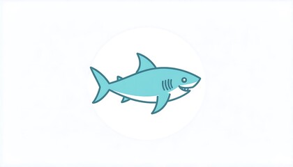 Fototapeta premium A cartoon-style illustration of a smiling shark in shades of blue. It's enclosed in a white circle set against a blank background